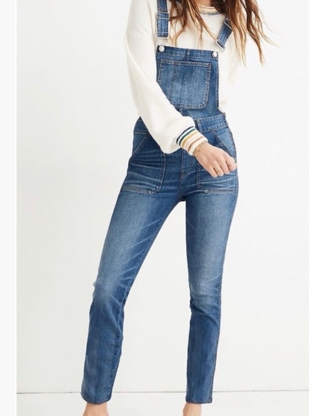 Madewell Skinny Overalls in a medium blue denim